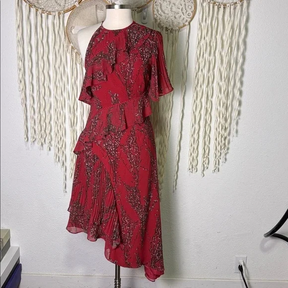 Keepsake The Label Red Floral Asymmetrical Pleat Ruffle Detail Midi Length S - Picture 2 of 9